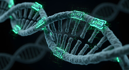 Digital D N A helix with glowing green circuit elements