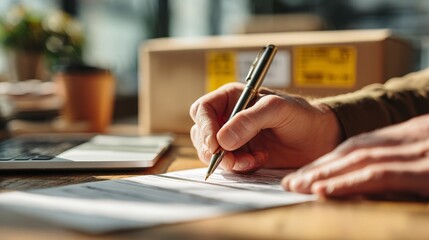 Detailed Close-Up of a Person's Hand Writing on a Document with a Pen, Amidst Office Items and a Shipping Box in the Background