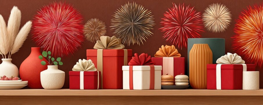 Festive Christmas gifts in red tones with a fireworks backdrop for holiday celebration