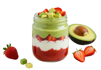 Healthy layered avocado and strawberry smoothie parfait in a glass jar with fresh fruit on a transparent background