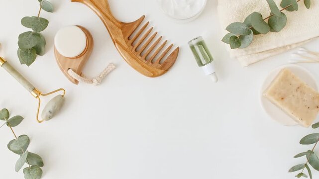 Spa treatment set. Essential oils, scrub, cream, massage roller. Organic Eucalyptus essence oil. Cosmetics based on natural ingredients. Spa the concept of skin care. High quality 4k footage