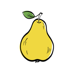 Yellow doodle pear with leaf in clean line art. A fresh fruity element ideal for menus, packaging, recipes and healthy food projects