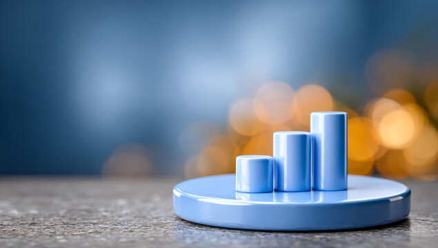 Data visualization with blue bar graph. A blue bar graph on a round base displays varying heights against a blurred background.