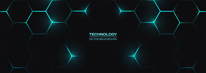 Dark hexagon abstract technology background with blue colored bright flashes under hexagon. Hexagonal gaming vector tech wide illustration.