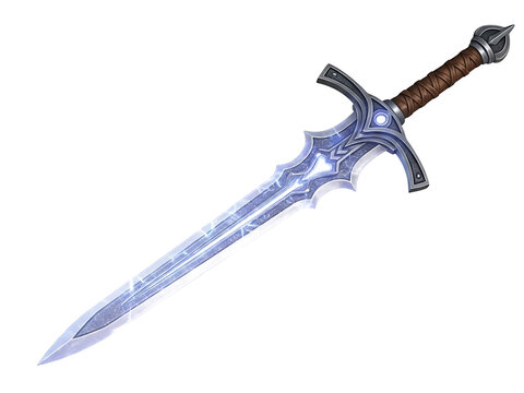A sword with a silver blade and brown handle isolated on transparent background