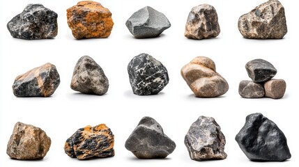 A collection of fifteen rocks of various colors and textures are arranged on a white background. AI.