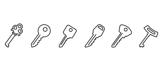 Various key icons. Key icon set. Classic and modern keys. Key vector illustration with transparent background. Editable stroke.