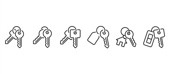 Various key icons with key chains. Key set icon. Classic key. Key vector illustration with transparent background. Editable stroke.
