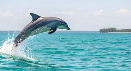Dolphin leaping out of the turquoise ocean water with a splash