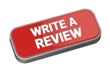 3d icon red button with the words write a review . Isolated on transparent background, png