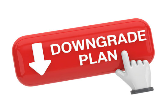 3d icon A red button labeled downgrade plan being clicked by a digital cursor. This scene conveys a message of reduction or alteration . Isolated on transparent background, png