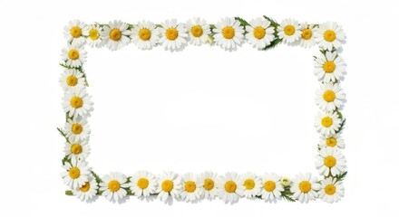 Rectangular frame composed of numerous daisies on a white backdrop