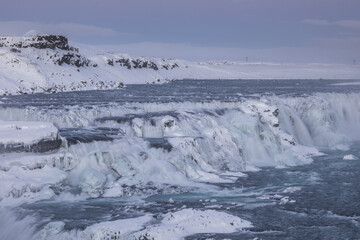 Winter view of Gullfoss waterfall in the Hvita river canyon in Iceland.
