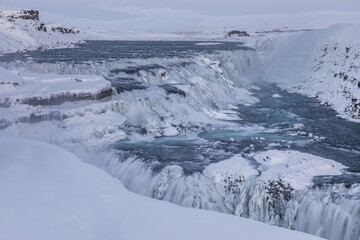 Winter view of Gullfoss waterfall in the Hvita river canyon in Iceland.
