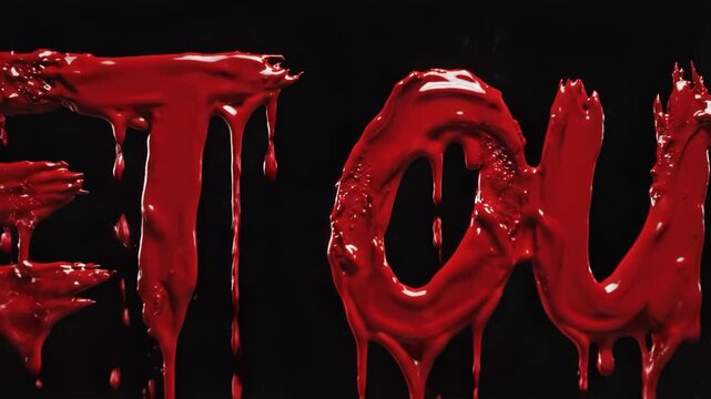 Red liquid dripping to form letters against black background