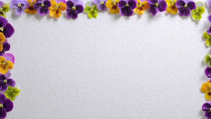 Floral Frame with Pansies on White Paper