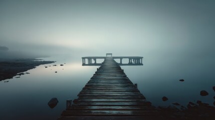 Fototapeta premium A wooden dock extends serenely into a misty body of water, leading the eye towards a hazy horizon in a tranquil landscape