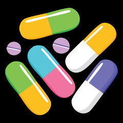 Scattered colorful medical capsules and tablets for pharmaceutical industry and healthcare pharmacy treatment and supplement concept design