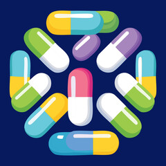 Collection of colorful medical capsules and pills for pharmaceutical treatment and healthcare pharmacy advertisement design for clinical use