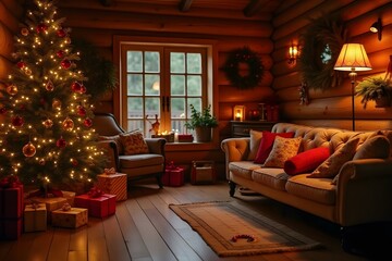 Naklejka premium A cozy log cabin interior adorned with a beautifully decorated christmas tree