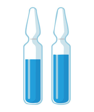 Two blue glass ampules with clear liquid for medical injection treatment and pharmaceutical vaccine healthcare design concept illustration