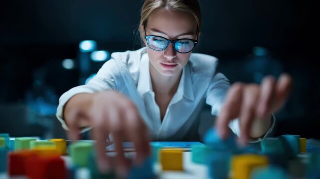 Medium shot of a candidate focused on solving interactive puzzles on a tablet showcasing problemsolving skills in a modern gamified hiring process.
