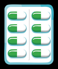 Obraz premium Pharmaceutical blister pack with green and white medicine capsules for healthcare treatment and antibiotic pharmacy prescription