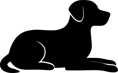 A simple black silhouette of a dog in a relaxed lying down pose.