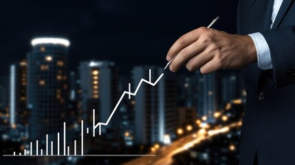 A business professional engages with digital data graphics in a sleek office environment, showcasing analysis skills and focus