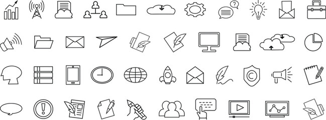 Business and Communication Line Icon Set &ndash; Cloud, Email, Network, Data, Marketing, Office, Technology Outline Icons Collection