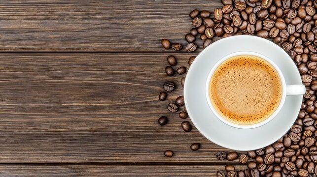 A warm cup of coffee sits next to scattered coffee beans on a smooth wooden surface, inviting a comforting moment of relaxation - Powered by Adobe