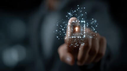 Finger interacts with artificial intelligence hologram, securing connections and managing data in a connected World