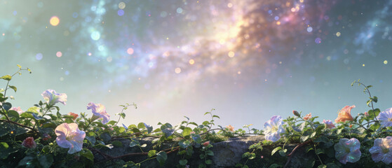 Enchanting celestial garden under a magical starlit sky, where luminous flowers glow beneath cosmic wonders and distant galaxies