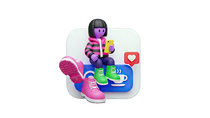 3D Cartoon Character Using Phone on Social Media Platform