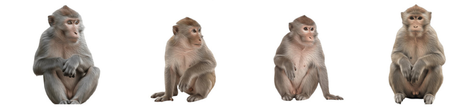 Four Monkeys Sitting in Different Poses, Oil Paint Style Isolated on White Background