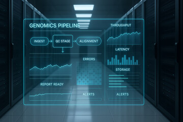 Futuristic Genomics Data Pipeline Monitoring Dashboard Displayed in Server Room with Holographic Interface Showing Ingest QC Alignment Throughput Latency Storage Metrics and