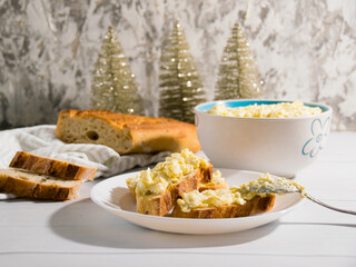 The process of preparing for the Christmas and New Year holidays. Making sandwiches with baguette,...