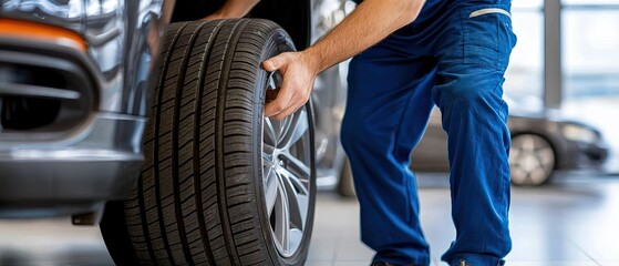 Fototapeta premium Two young individuals are focused on changing a tire with assistance from an adult in a workshop environment