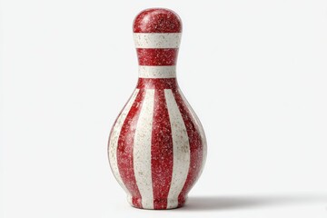Isolated bowling pin standing tall, featuring white base with bold red stripes, set against a neutral gray background
