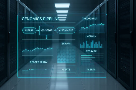 Futuristic Genomics Data Pipeline Monitoring Dashboard Displayed in Server Room with Holographic Interface Showing Ingest QC Alignment Throughput Latency Storage Metrics and - Powered by Adobe
