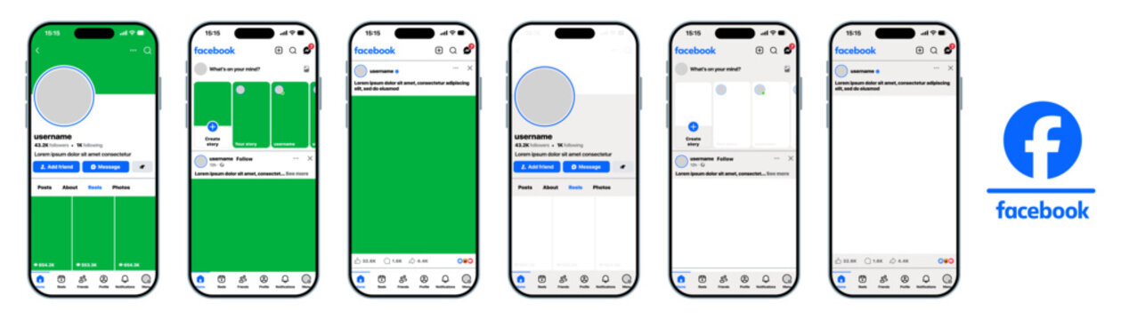 Facebook App Mobile Interface Mockup Displaying Profile Header Feed Structure Page Management Views and Message Inbox on Transparent PNG Green Screen Smartphone with Facebook Logo
