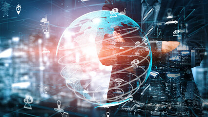 A businessman interacts with a digital interface featuring a global map and various data connections, set against a modern cityscape symbolizing innovation and technology. Xenic