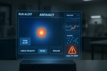Futuristic Holographic Laboratory Interface Displaying Anomaly Detection with Peak Alerts Reagent Checks and Drop Warnings in Glowing Blue Neon