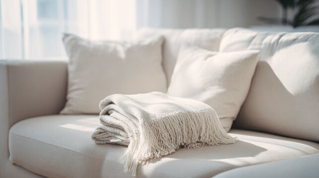 Modern fabric sofa in Cloud Dancer color with neatly folded fringed throw blanket resting on cushion, illuminated by soft natural sunlight. Home decor, modern simplicity, tranquil comfort
