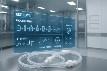 Holographic Digital Interface Displaying Biopharmaceutical Batch Processing Steps with Sterility Monitoring and Sensor Trends in a HighTech Laboratory Setting Featuring