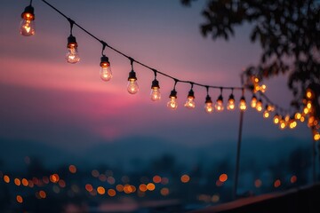 Magical yellow lights border joyful evening sky, twilight glow fills air, circle of light with soft bulbs hang on thread create warm mood