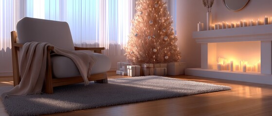 Obraz premium A cheerful scene of a living room with a tall Christmas tree adorned with colorful decorations, stockings hung, and a glowing fireplace