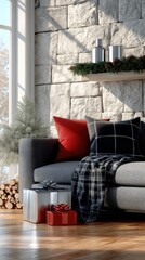 Obraz premium A warm living space featuring a stone fireplace, decorated tree, and holiday presents, creating a festive atmosphere for winter