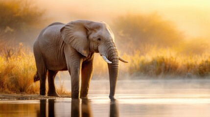 Obraz premium giant elephant drinking water from river at sunrise, warm soft light, golden mist, detailed skin texture, natural wildlife scene