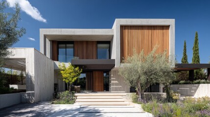 Fototapeta premium Modern architectural design of a contemporary house with wooden elements and large windows set against a clear blue sky and lush greenery in the foreground